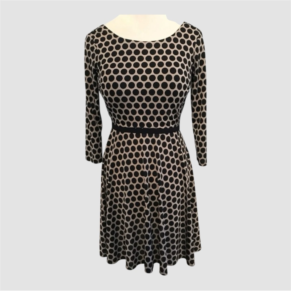 Oleg Cassini Black Grey Dot Sz 6 Retro Fit & Flare A-Line Stretch Jersey Dress